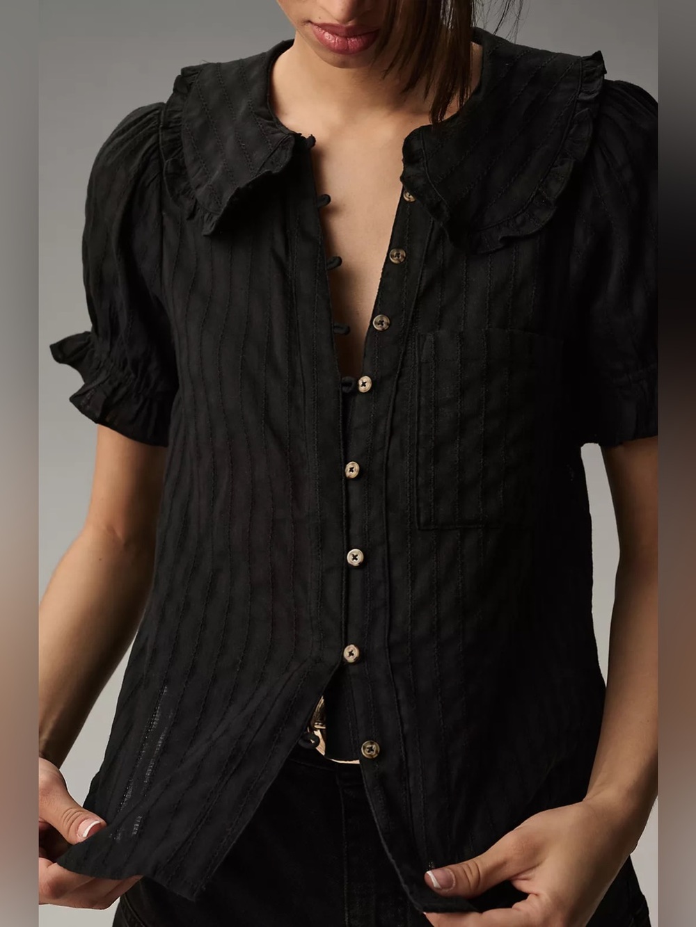 Anthropologie Pilcro Aly Puff Sleeve Blouse in Black size Medium